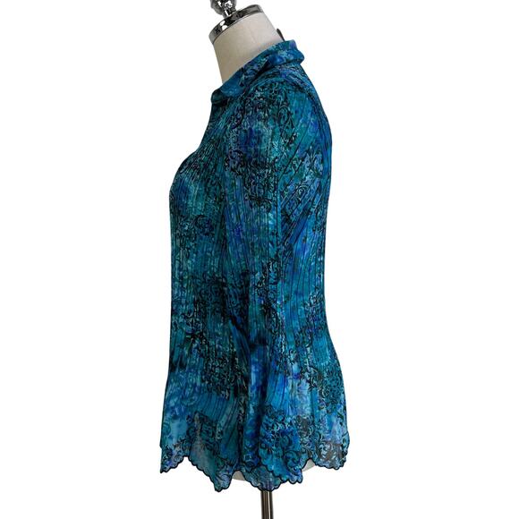 Laura Scott Blue Damask Printed Pleated Stretch Shirt Top - Picture 6 of 8